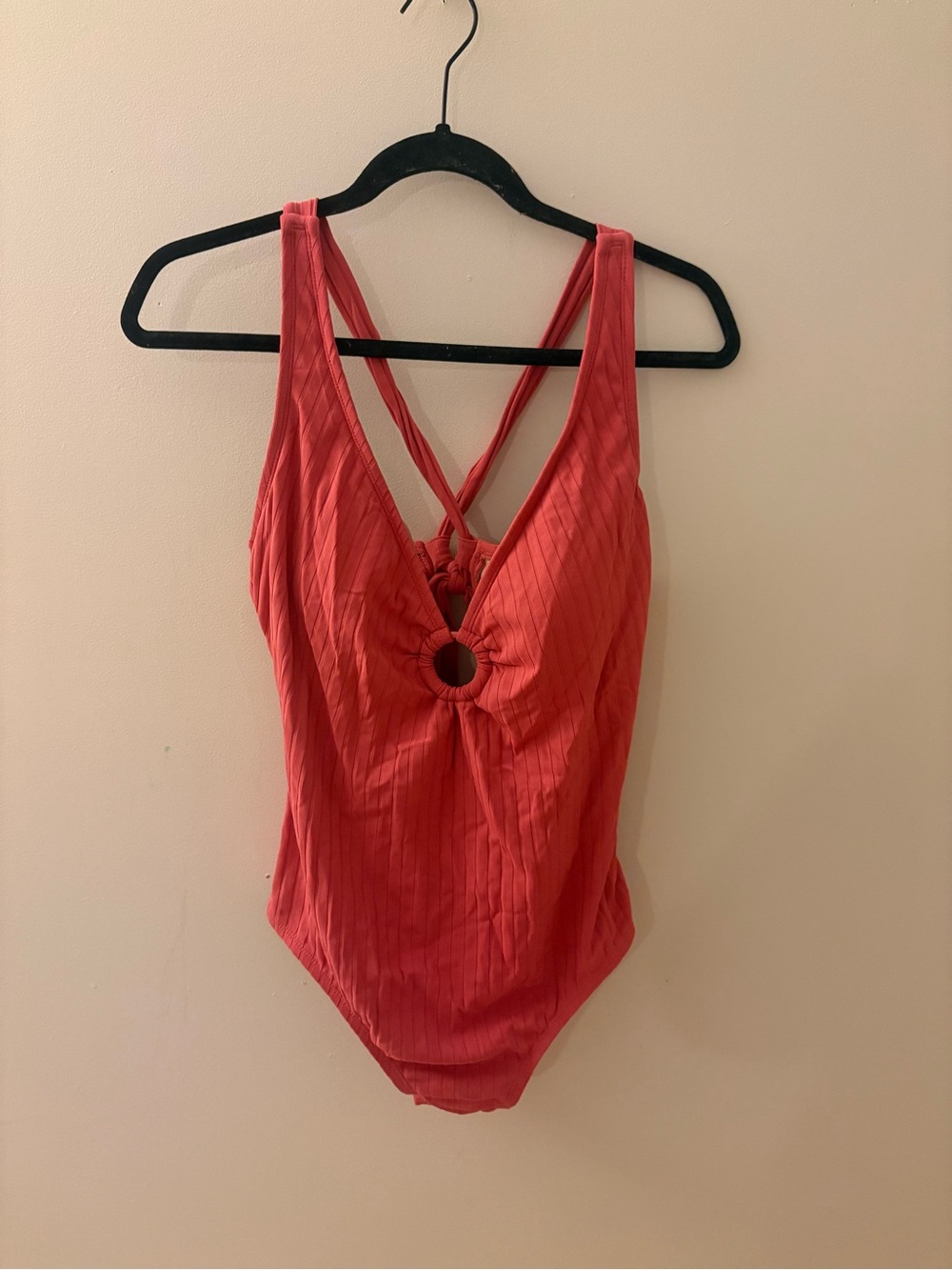 Kona Sol Coral Red One-Piece Swimsuit with Front Ring Detail